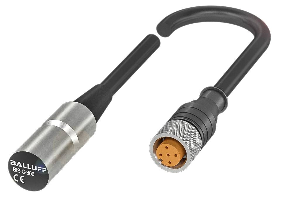 'Balluff BIS C300' RFID-leesapparaat en antenne met CE-markering, verbonden door een zwarte kabel.