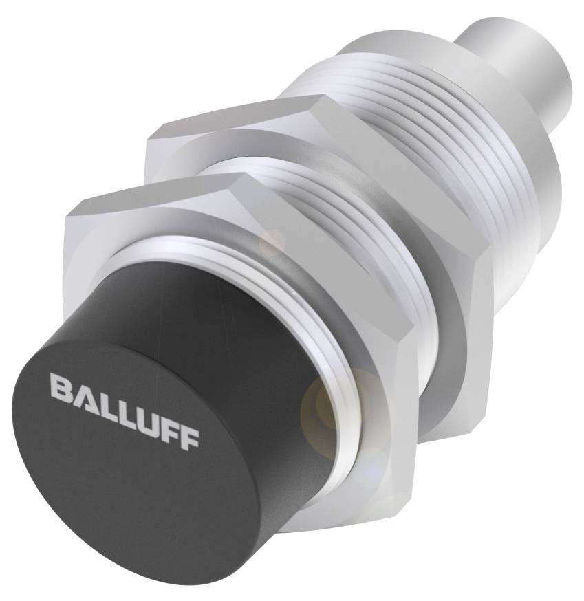 Een cilindrische naderingssensor met het merknaam 'Balluff', zwart frontoppervlak en zilveren schroefdraad voor montage.