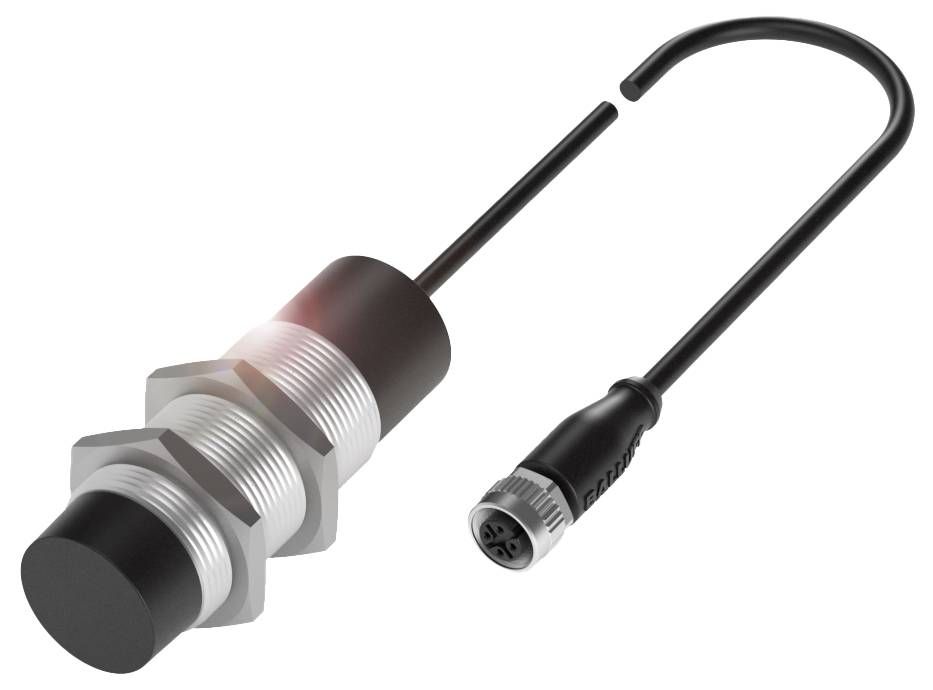 Een cilindrische naderingssensor met schroefdraad, kabel en stekker. Hij meet afstanden zonder fysiek contact.