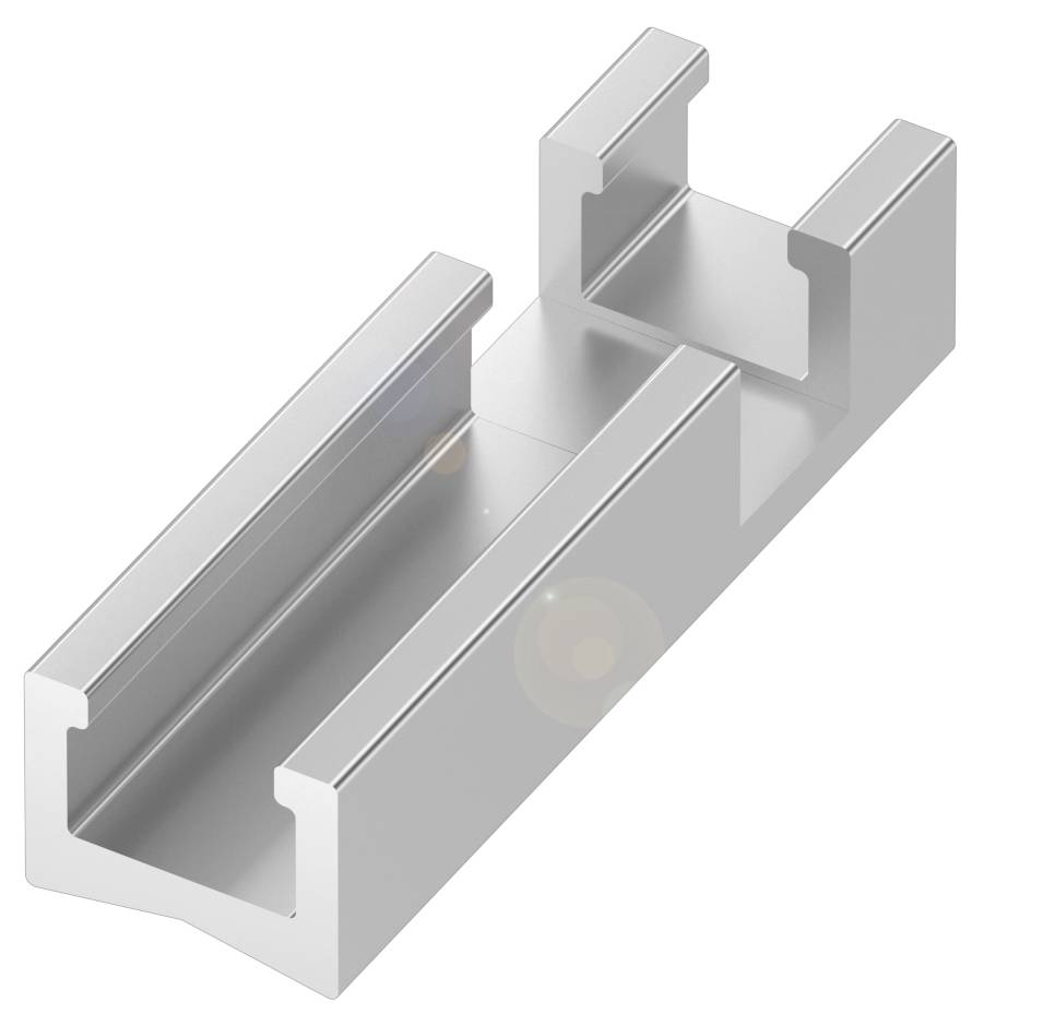 Metalen U-vormig profiel met glad oppervlak, spiegelende glans en twee verhoogde randen, typisch voor constructiedoeleinden.