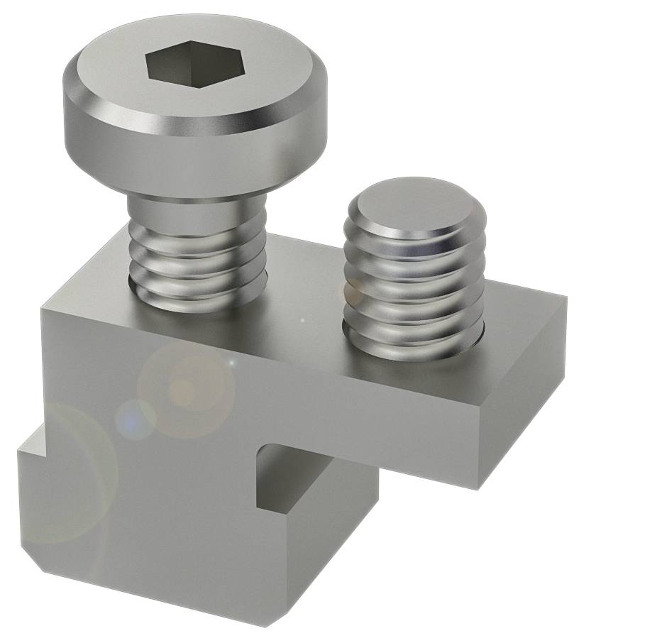 Metalen beugel met twee schroeven, een zeskant en een cilindrische. Wordt gebruikt voor bevestiging in mechanische constructies.