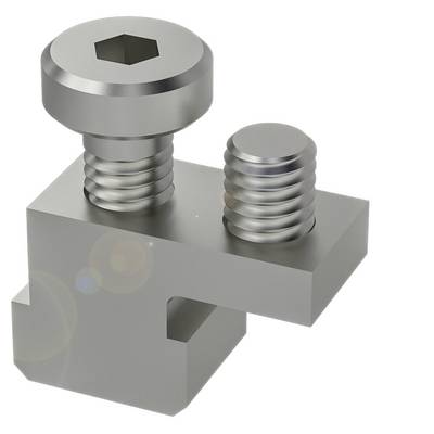 Metalen beugel met twee schroeven, een zeskant en een cilindrische. Wordt gebruikt voor bevestiging in mechanische constructies.