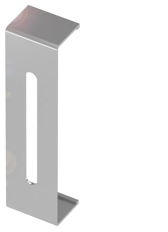Metaalwinkel, grijze kleur, met lange, verticale uitsparing in het midden.