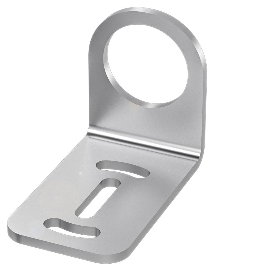 Metalen hoekbeugel met een ronde bevestigingsopening en langwerpige sleuf voor flexibele montage. Ideaal voor constructies.