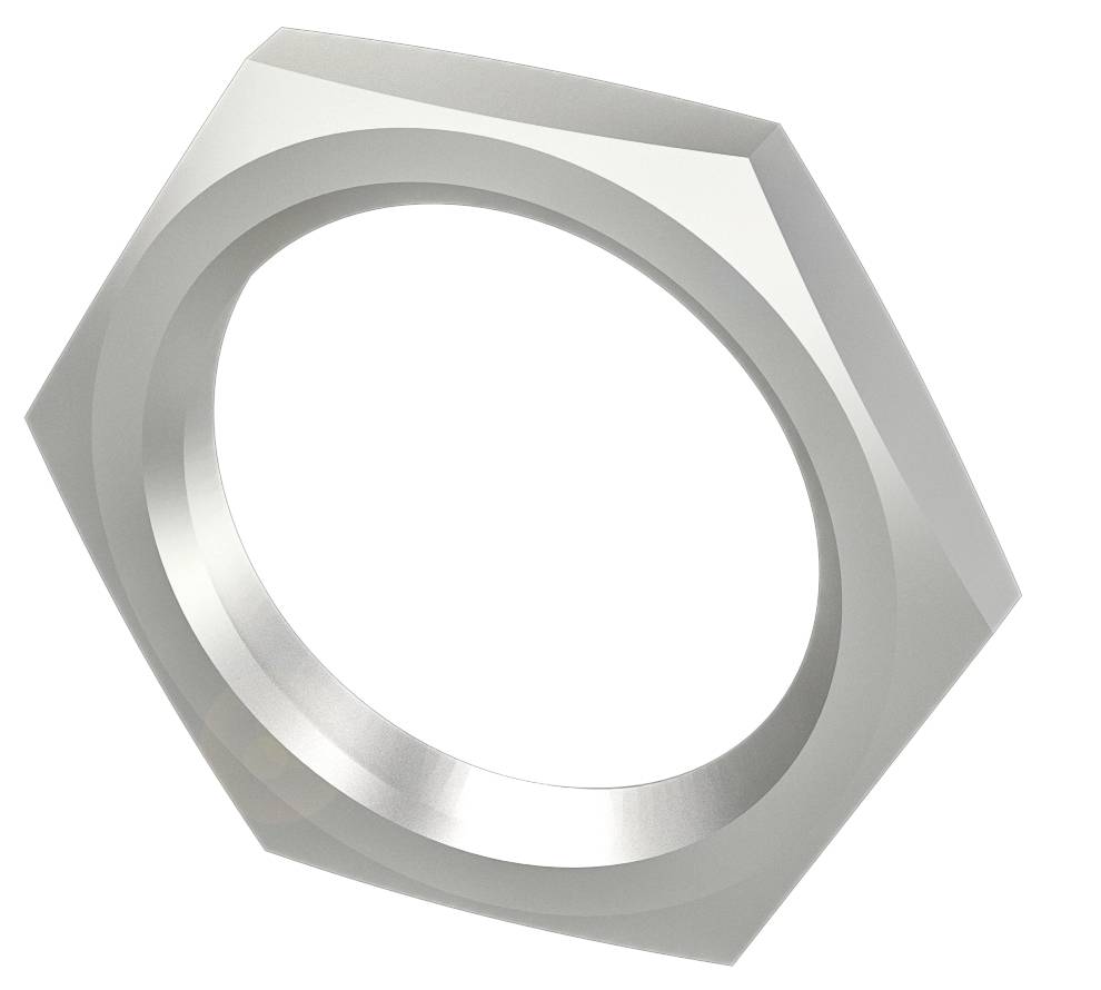 Zeshoekige metalen moer, zilverglanzend, op witte achtergrond.