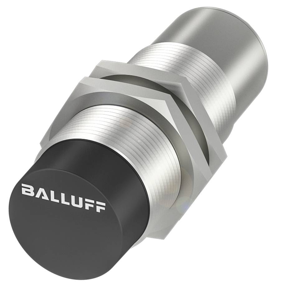 Een cilindrische sensor met het opschrift 'Balluff' op een zwarte kap. Hij heeft een metalen behuizing en een schroefdraad.
