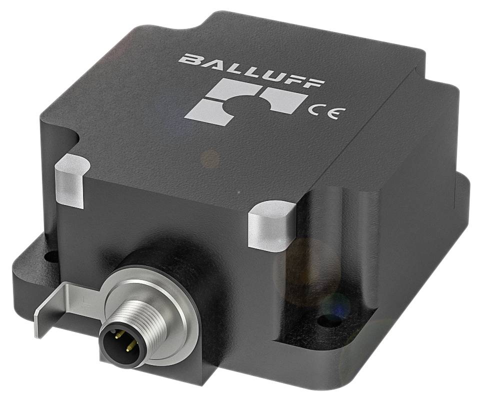 Een rechthoekige, zwarte sensor met de opdruk 'BALLUFF' en CE-markering. Voorzijde toont een zilveren aansluitstekker.