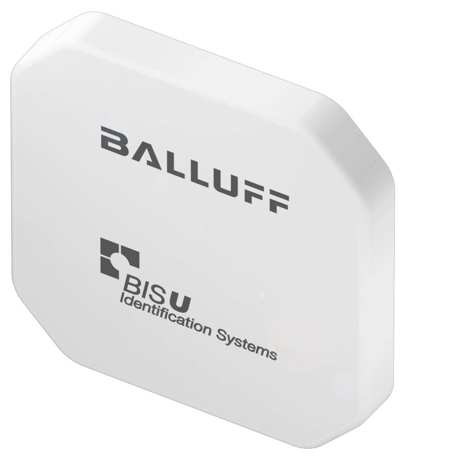 Een wit, vierkant apparaat met afgeronde hoeken, bedrukt met de logo's 'BALLUFF' en 'BIS U Identification Systems'.