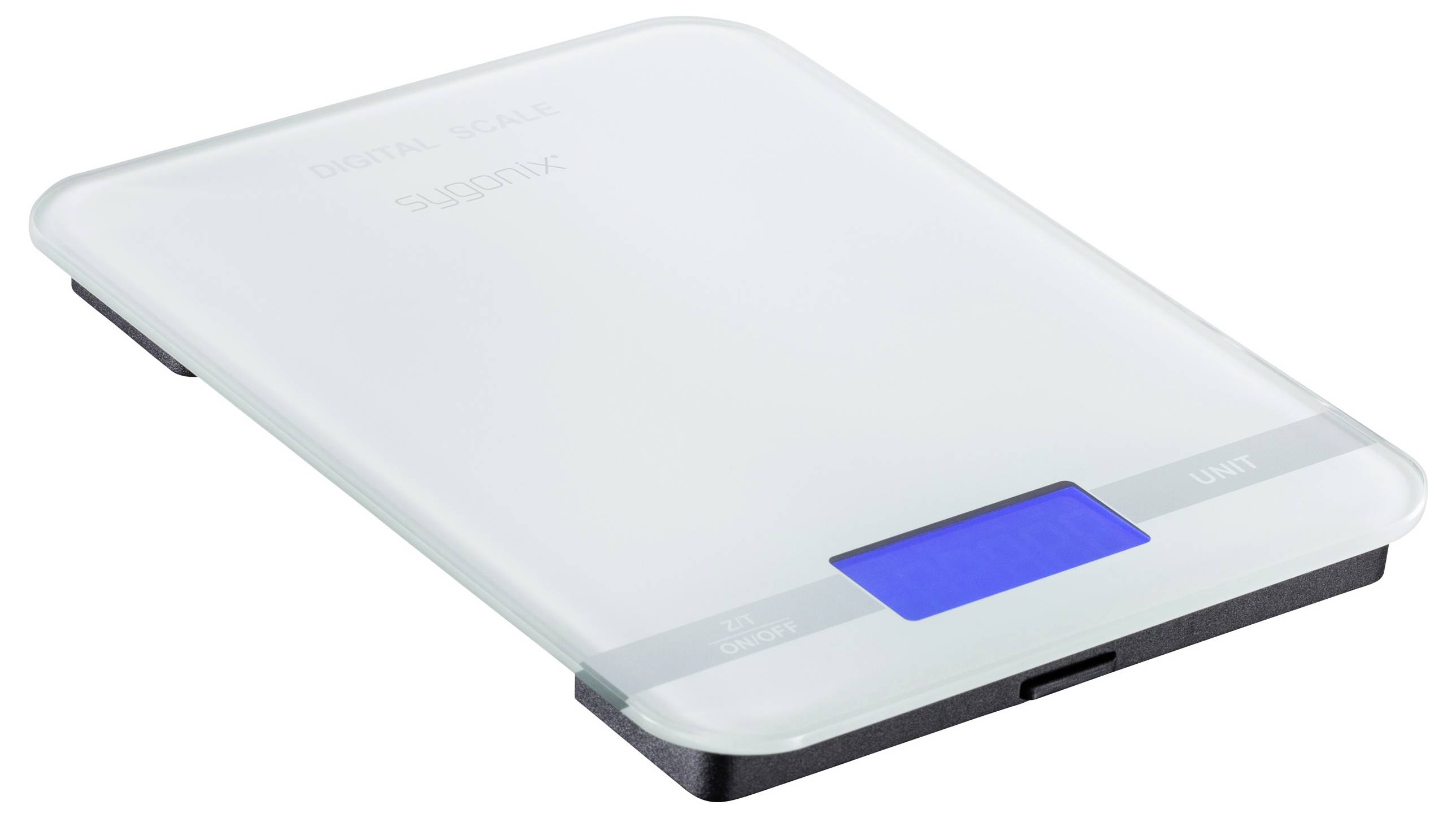 Een slanke digitale keukenweegschaal met een glazen platform en een blauw verlicht display dat het gewicht toont in grammen of ounces.