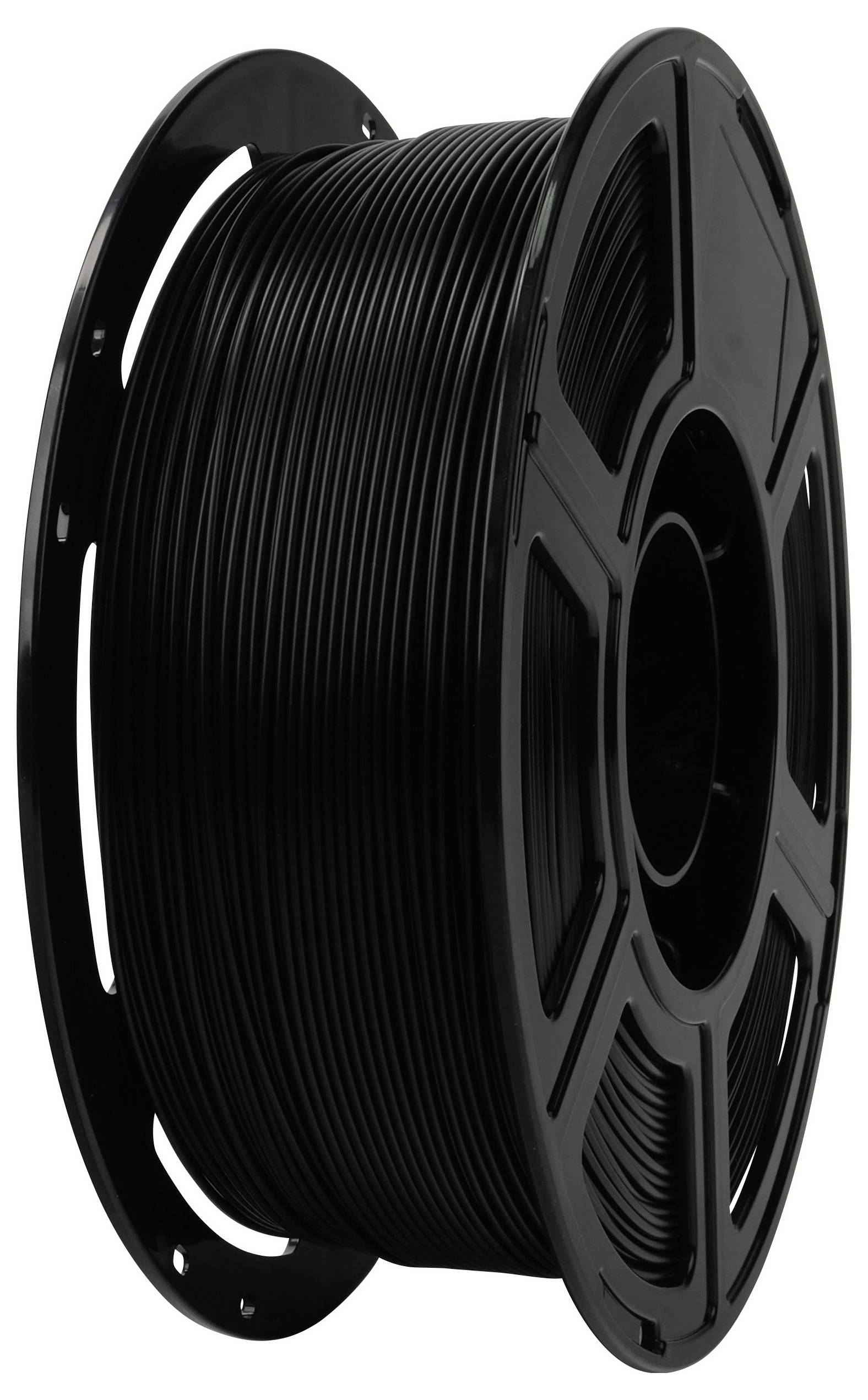 Een zwarte spoel 3D-printerfilament, netjes opgerold rond een kunststof haspel.