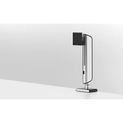 Een strak, modern monitorstatief met een metaalkleurige afwerking staat op een wit oppervlak tegen een lichtgrijze achtergrond.