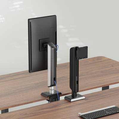 Twee computermonitoren met standaardbevestigingen staan naast elkaar op een houten bureau, gezien vanaf de achterkant.