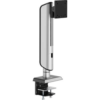 Een zilverkleurige en zwarte verstelbare monitorstandaard met een klem voor bevestiging aan een bureau, ontworpen voor het monteren van een computerscherm.