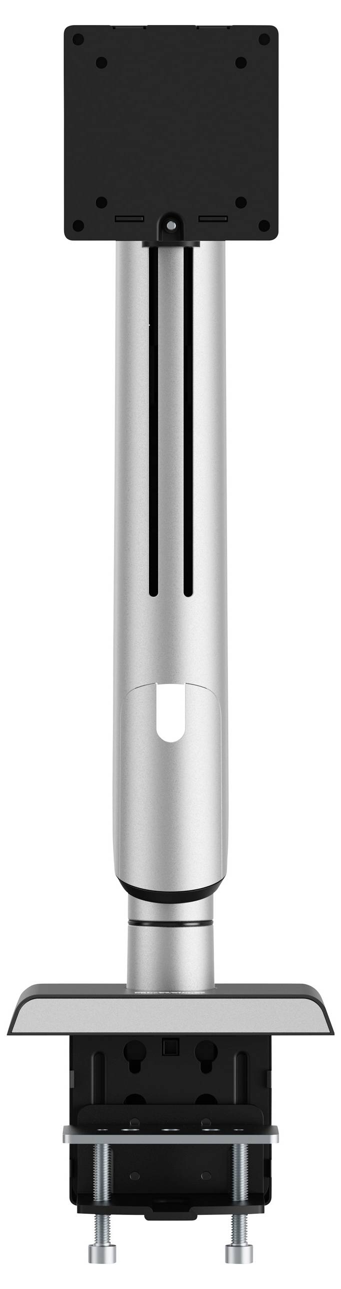 Een verticale metalen bevestigingsbeugel met een verstelbare steunpaal.