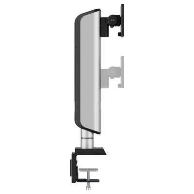 Zijaanzicht van een dubbele monitorstandaard in zilver en zwart, geklemd aan een tafel. Bovenarm is zichtbaar, onderarm is transparant.
