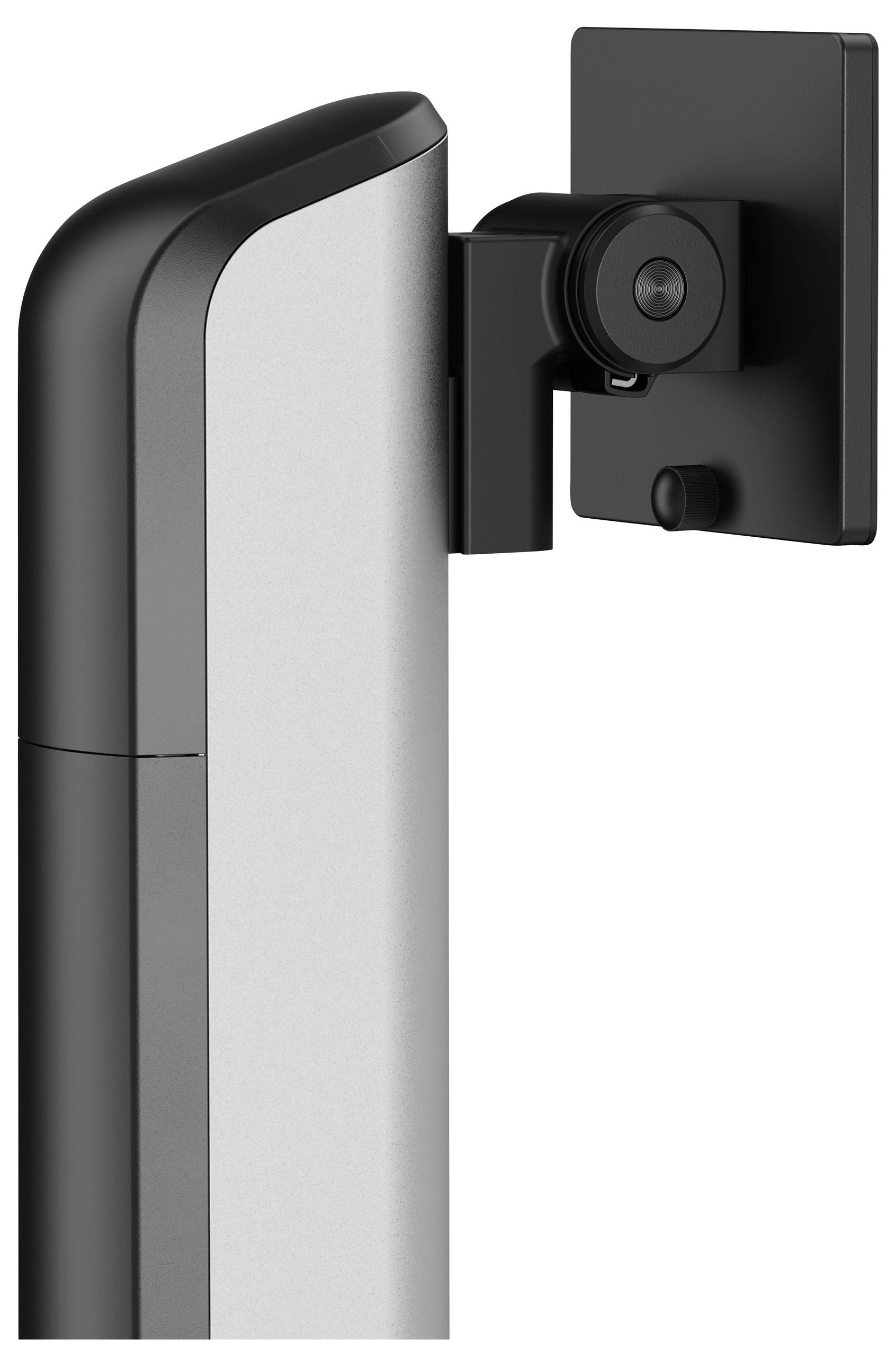 Een zijaanzicht van een metalen tv-wandsteun met een verstelbare arm en bevestigingsplaat, ontworpen voor het ophangen van een televisie of monitor.