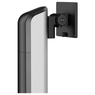 Een zijaanzicht van een metalen tv-wandsteun met een verstelbare arm en bevestigingsplaat, ontworpen voor het ophangen van een televisie of monitor.