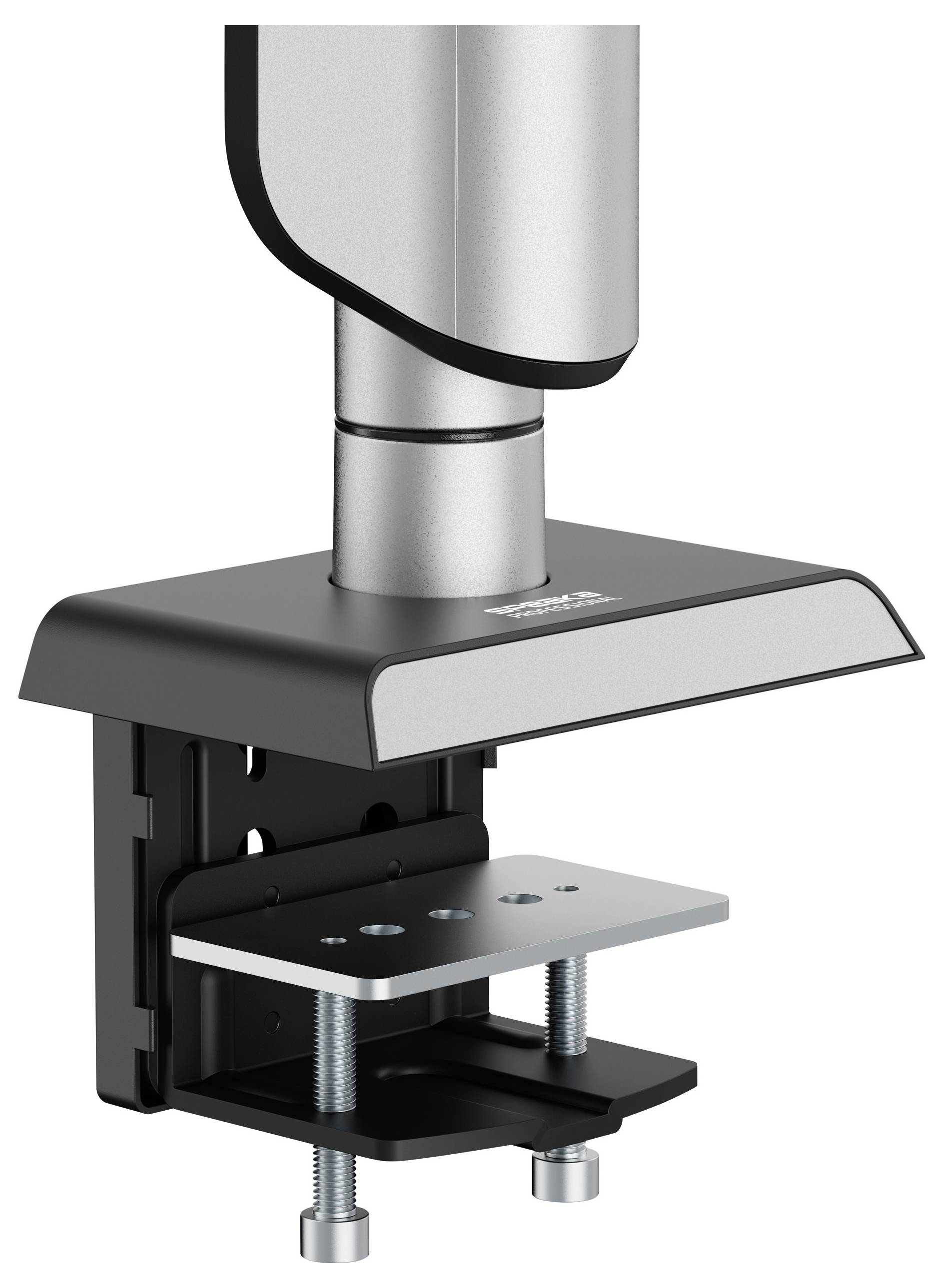 Een metalen en kunststof bureauklem voor een monitorarm, weergegeven in close-up, met de nadruk op de verstelbare schroeven en slanke vormgeving.
