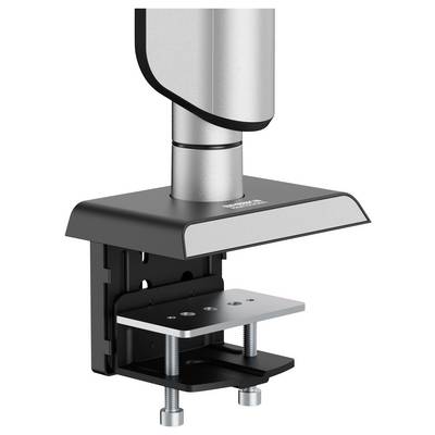 Een metalen en kunststof bureauklem voor een monitorarm, weergegeven in close-up, met de nadruk op de verstelbare schroeven en slanke vormgeving.