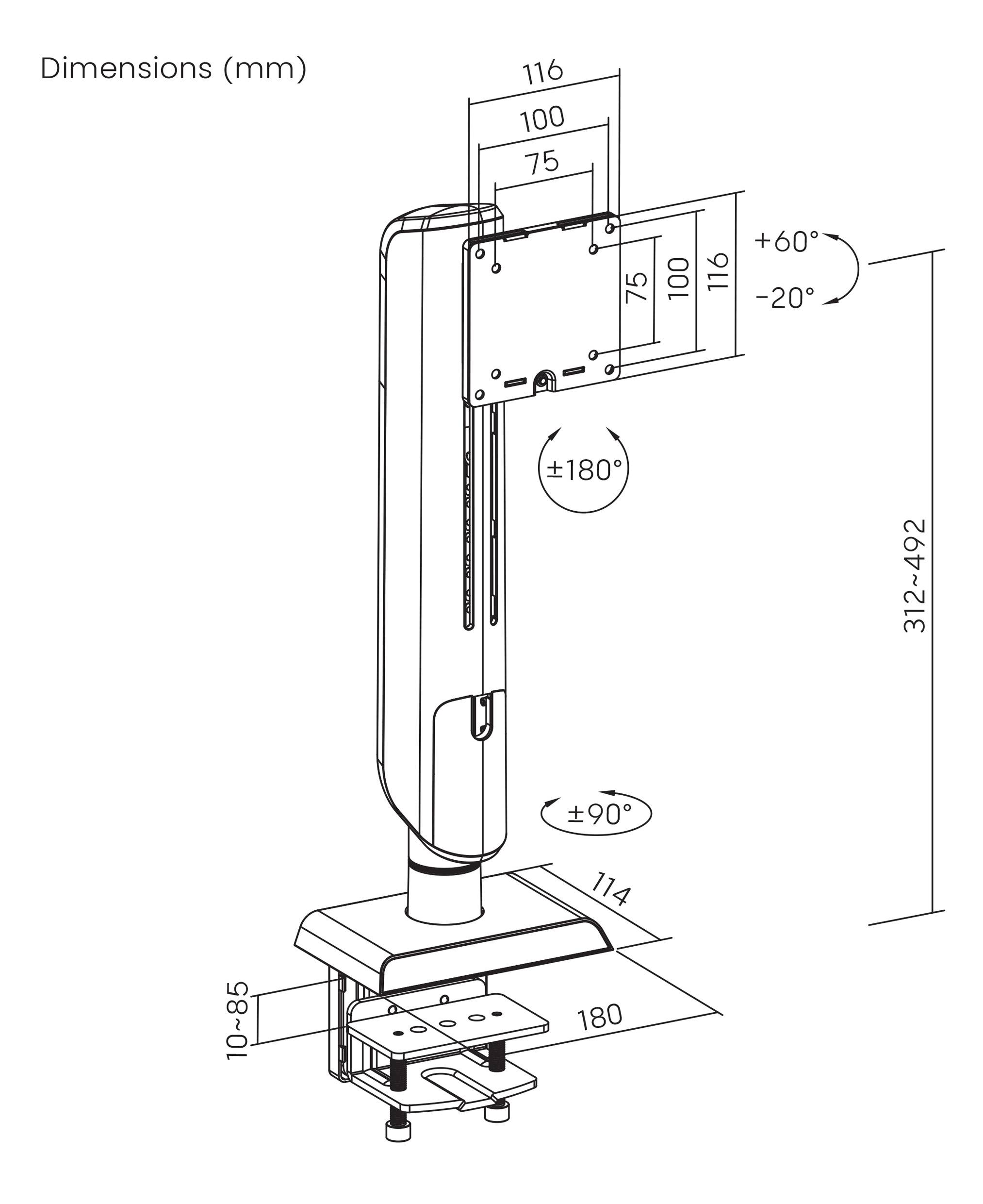 Diagram van een monitorstandaard met kantelhoek van +60° tot -20°, rotatie van ±180°, hoogteaanpassing van 312 tot 492 mm, en gedetailleerde afmetingen in millimeters.