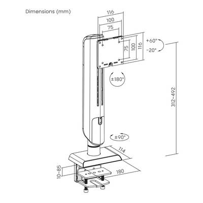 Diagram van een monitorstandaard met kantelhoek van +60° tot -20°, rotatie van ±180°, hoogteaanpassing van 312 tot 492 mm, en gedetailleerde afmetingen in millimeters.