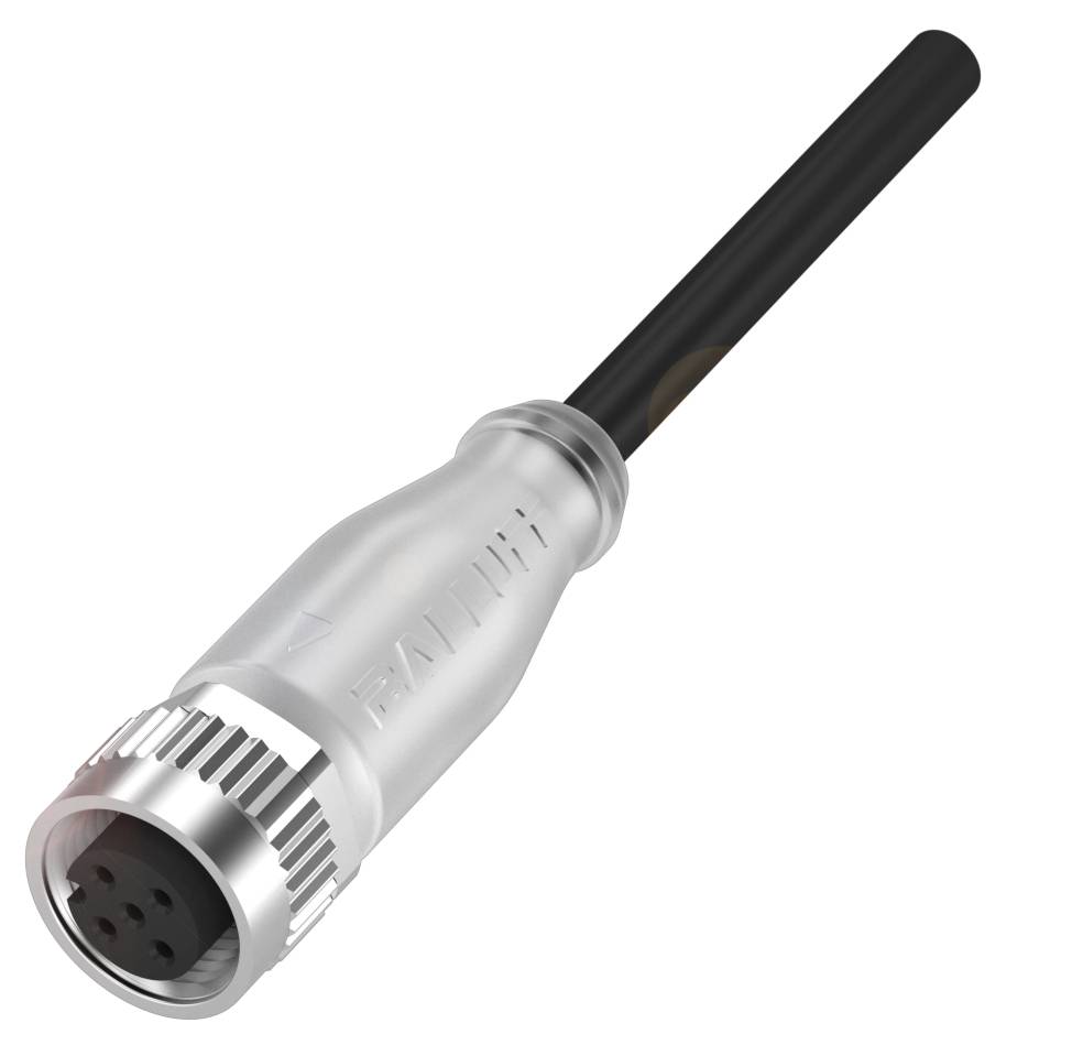 Een zilveren connector met zwarte kabel, getoond in een diagonale weergave. Geschikt voor industriële toepassingen.