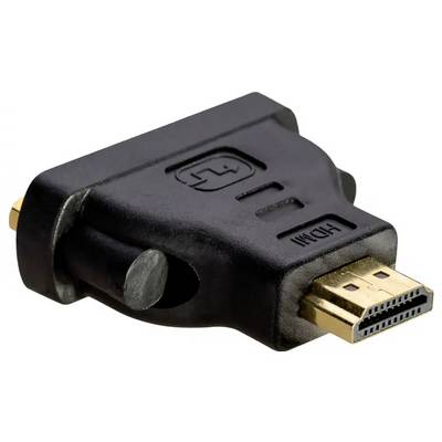 Zwarte HDMI-naar-DVI-adapter met gouden aansluitingen, gebruikt voor het verbinden van HDMI-compatibele apparaten met DVI-aansluitingen.