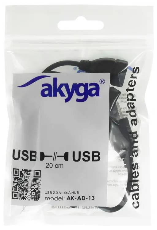 Een USB-verlengkabel, 20 cm lang, in een transparante verpakking met het opschrift 'akyga'. Modelnummer: AK-AD-13.