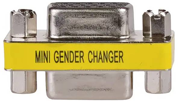 Een "Mini Gender Changer"-adapter met geel label, gebruikt voor het verbinden van stekkers met hetzelfde geslacht in computernetwerken.