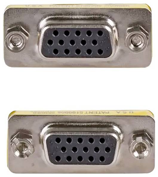 'Twee VGA-aansluitingen boven elkaar. Elke aansluiting heeft 15 pinnen in een drierijig raster. Geschikt voor beeldoverdracht.'