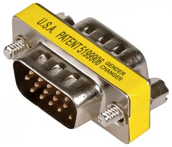 Een DB9-geslachtsomvormer-adapter met een geel etiket waarop 'U.S.A. Patent 5199906, Gender Changer' staat.