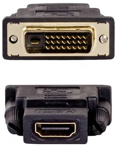 De adapter toont een DVI-stekker bovenaan en een HDMI-stekker onderaan. Hij dient om DVI-signalen om te zetten naar HDMI-signalen.