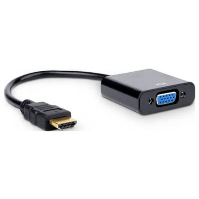 HDMI-naar-VGA-converter met zwarte behuizing. Links een HDMI-stekker, rechts een VGA-aansluiting. Verbindt HDMI-apparaten met VGA-monitoren.
