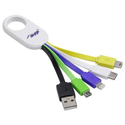 Een sleutelhanger met vijf verschillende gekleurde kabels die verschillende USB-aansluitingen bieden voor verschillende apparaten.