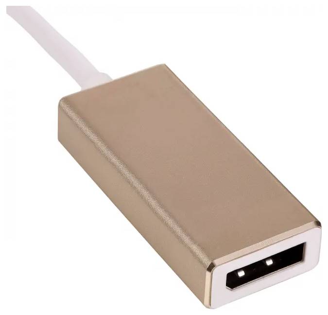 Een goudkleurige HDMI-kabeladapter met een USB-aansluiting aan een witte kabel.
