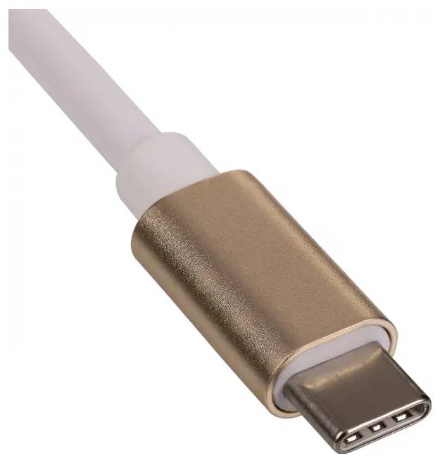 Een USB-C-kabel met een goudkleurige connector is afgebeeld. Het toont de verbinding voor elektronische apparaten.