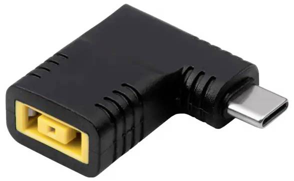 Zwarte USB-C-adapter met haakse aansluiting, geel binnenwerk. Ideaal voor het aansluiten van USB-C-apparaten in krappe ruimtes.
