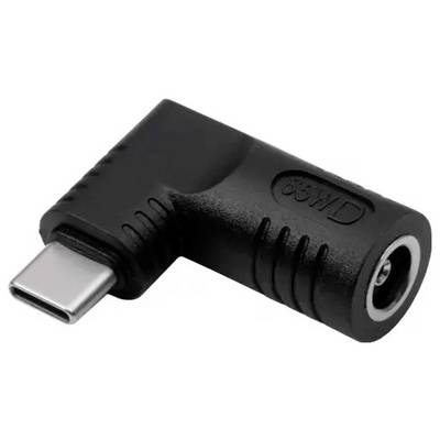USB-C naar DC-voedingsadapter met gehoekte aansluiting in zwart, geschikt voor het verbinden van USB-C-apparaten met DC-stroombronnen.