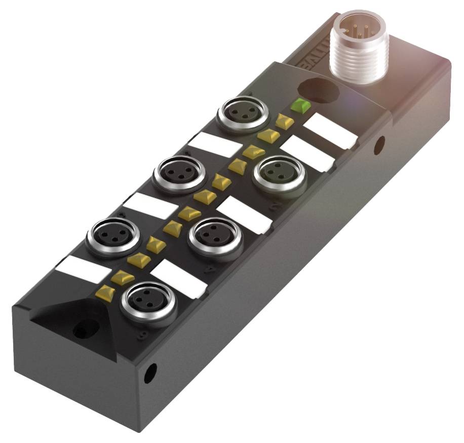 Zwarte verdeelblok-module met meerdere aansluitbussen en LED-indicatoren, voor de verdeling van elektrische signalen in industriële toepassingen.