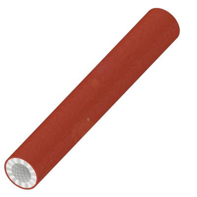 Een rood, cilindrisch object met een zilveren, cirkelvormige opening aan één uiteinde, dat meerdere kleinere cirkels bevat.