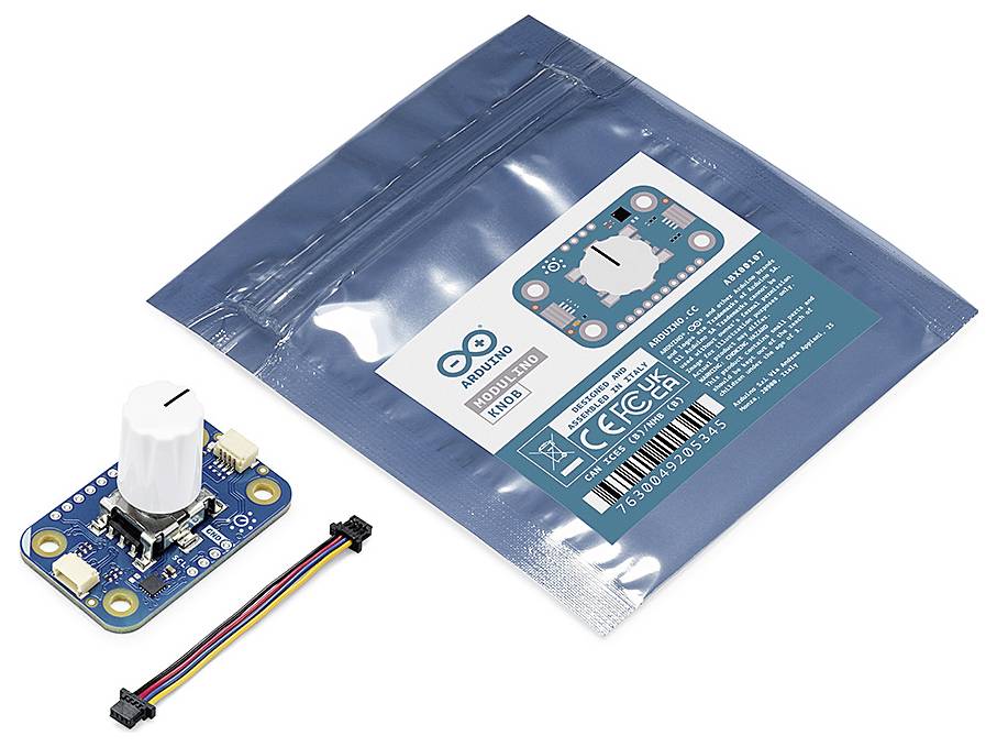 Arduino Kit bestaande uit draaiknopmodule, verbindingskabels en antistatische verpakking. Bevat essentiële elektronische componenten voor projecten.