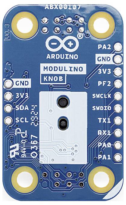 Een blauwe Arduino-printplaat met het opschrift 'MODULINO KNOB', toont verschillende aansluitingen zoals PA2, PA1, 3V3 en GND, bovenaanzicht.