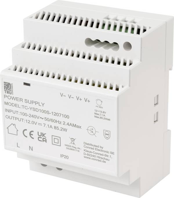 TRU COMPONENTS TC-13710884 DIN-rail netvoeding Verbruik (stand-by) 0.3 W 12 V/DC 7.1 A 85.2 W Aantal uitgangen:1 x Inhoud 1 stuk(s)