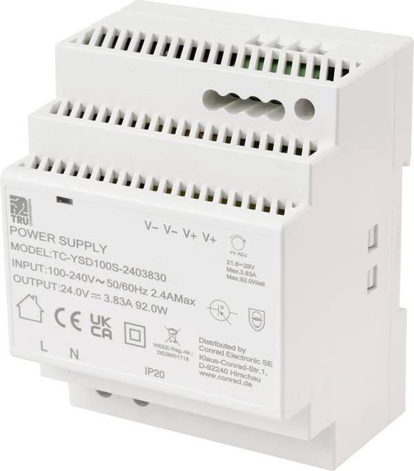 TRU COMPONENTS TC-13710888 DIN-rail netvoeding Verbruik (stand-by) 0.3 W 24 V/DC 3.83 A 92 W Aantal uitgangen:1 x  Inhoud 1 stuk(s)