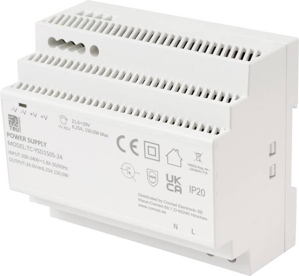 TRU COMPONENTS TC-13710896 DIN-rail netvoeding Verbruik (stand-by) 0.3 W 24 V/DC 6.25 A 150 W Aantal uitgangen:1 x  Inhoud 1 stuk(s)