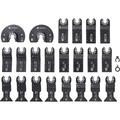 Een set van 20 zwarte oscillerende multitool-zaagbladen met verschillende tanddesigns en gereedschapsaansluitingen, gerangschikt in een rasterpatroon.