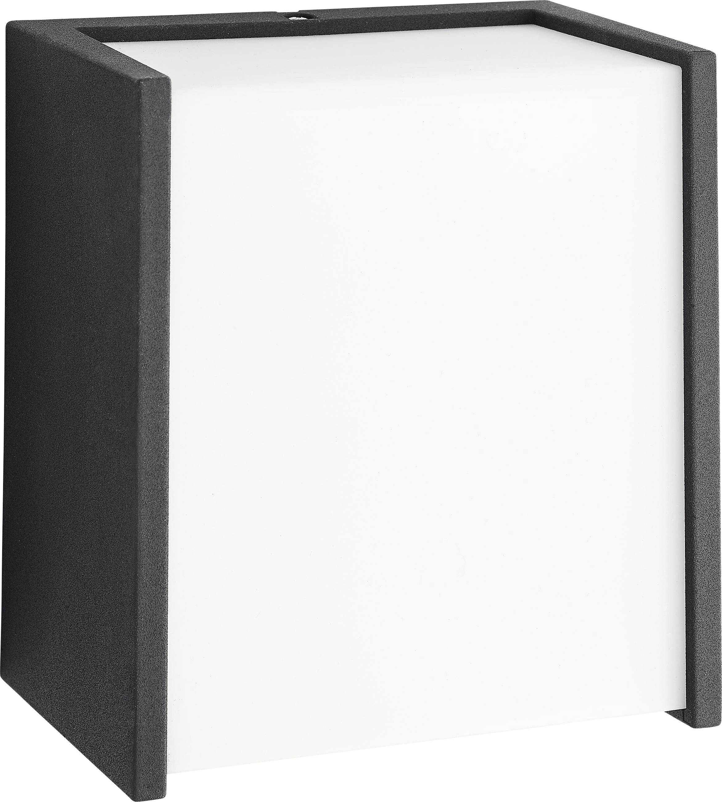 Zwarte, rechthoekige wandlamp met helder, wit lichtpaneel, geschikt voor moderne binnen- of buitenverlichting.