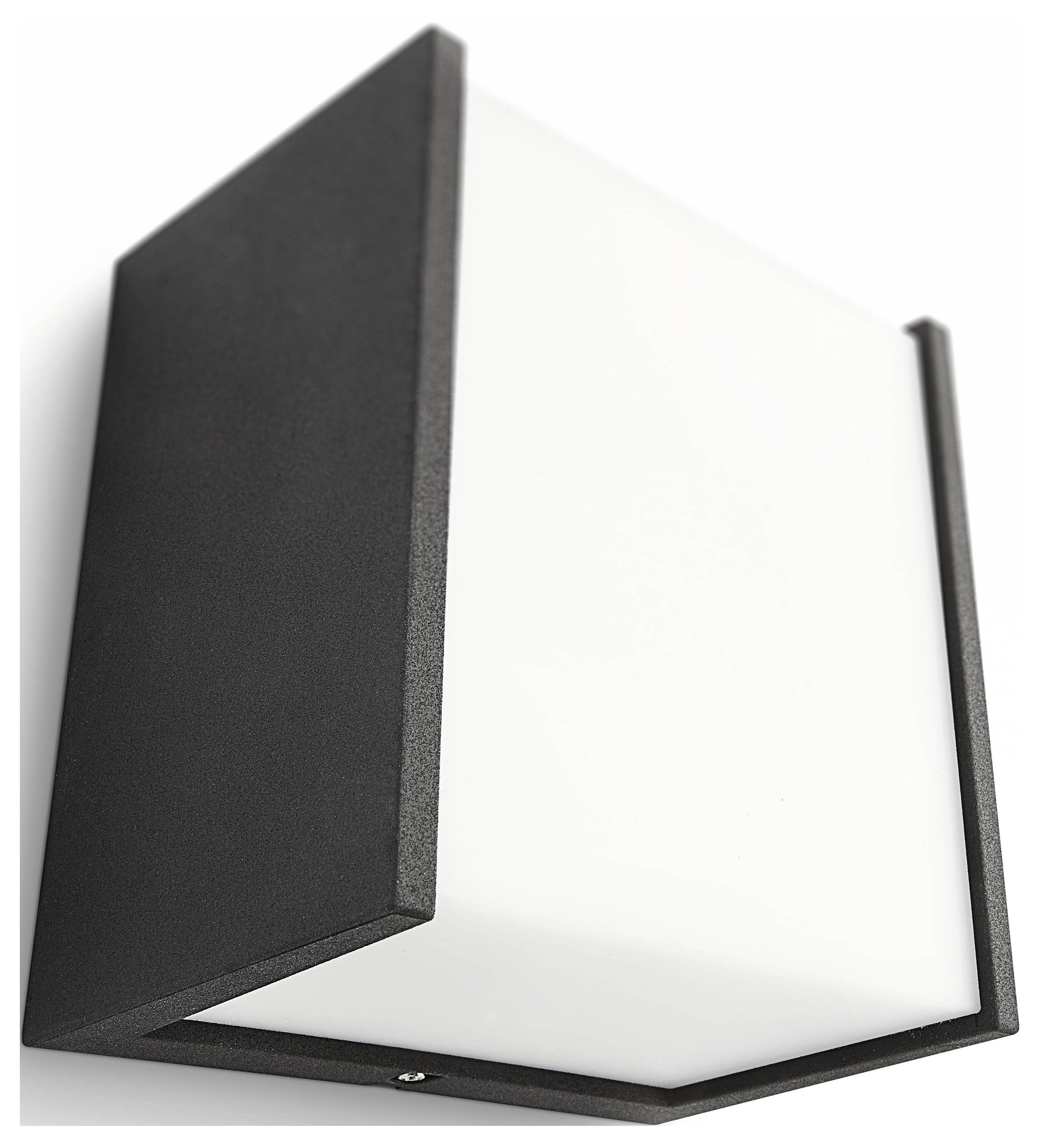 Zwarte en witte moderne wandlamp met hoekig design, gemonteerd aan een wand. Geschikt voor stijlvolle en minimalistische interieurs.