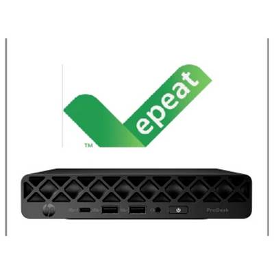Een compacte computer met een 'EPEAT'-certificeringslogo bovenaan, dat milieuvriendelijkheid en naleving van duurzaamheidsnormen aangeeft.