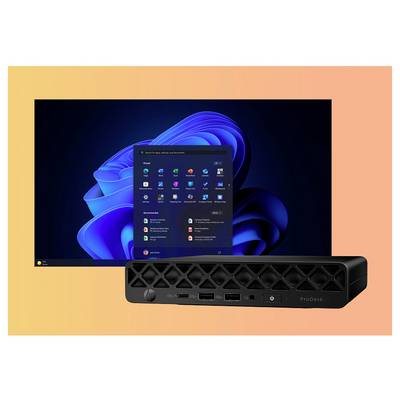 Een desktopcomputer met Windows 11, waarop een startscherm met een lijst van applicaties wordt weergegeven. Een zwarte computertoren is zichtbaar op de voorgrond.